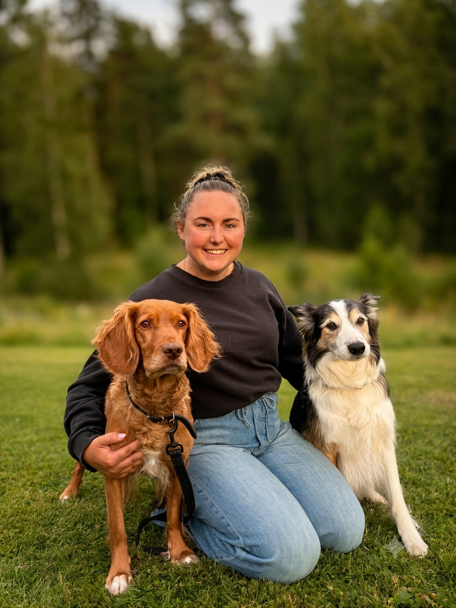 Porträtt av Nicoline från Edets Hundskola tillsammans med en hund utomhus