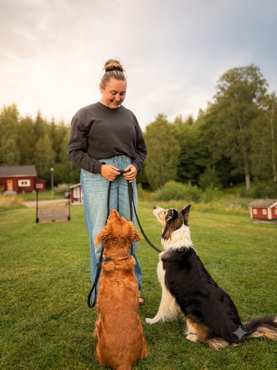 Nicoline med två hundar som sitter uppmärksamt framför henne på en gräsmatta